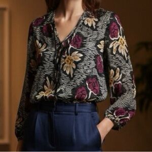 Tory Burch Silk Floral Clip Dot Tunic Blouse Sz 8 Purple Yellow Tie Neck